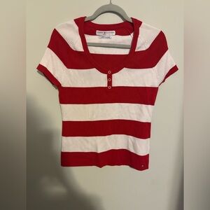 Tommy Hilfiger Red and White Striped short sleeve sweater top Y2K classic preppy